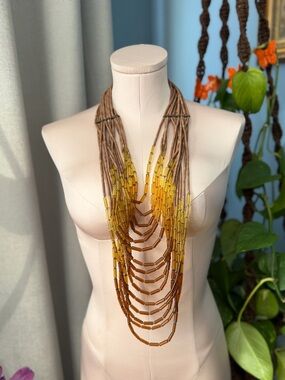 Handmade Multi-Strand Amber Brown glass tubular Beaded Statement Necklace